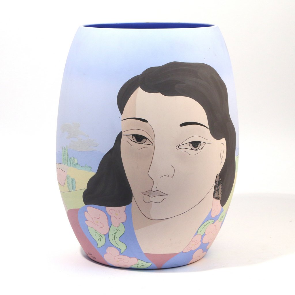 GRYCNER STUDIO POTTERY VASE: “Abiquiu”, 1986, two faces in pastel colors against a light blue sky, signed “M. Martinz 86 44/100” near foot, and underneath: “Martinz Edition / Greg Grycner Ltd. Ed. / “Abiquiu” / 1986