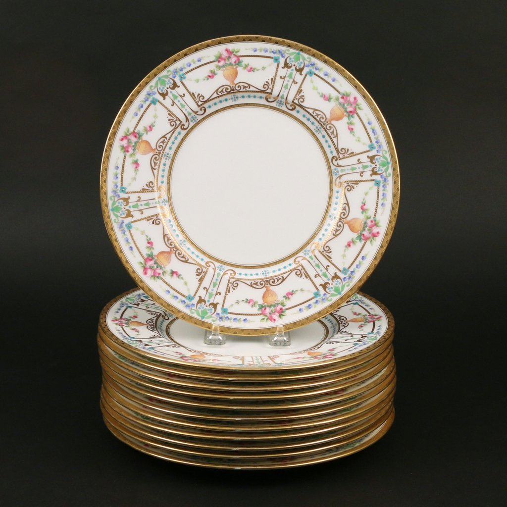 (12pc) MINTON DINNER PLATES: with hand-painted and raised gilt borders on a white ground, strawberry Mintons mark with C. Reizenstein Sons, Pittsburgh, PA, pattern no. H3184, d. 10-1/4 in.