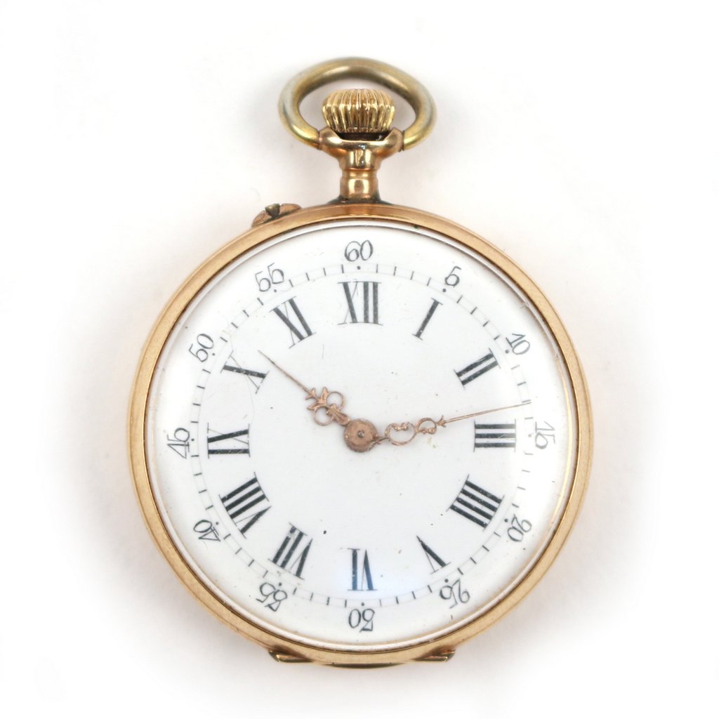 18k GOLD POCKET WATCH: By "Roland & Cle. Locle," having an 18k gold case engraved with a shield back marked 18k, hand painted white enamel face with roman numerals and arabic seconds, scroll openwork decorated hands; case d