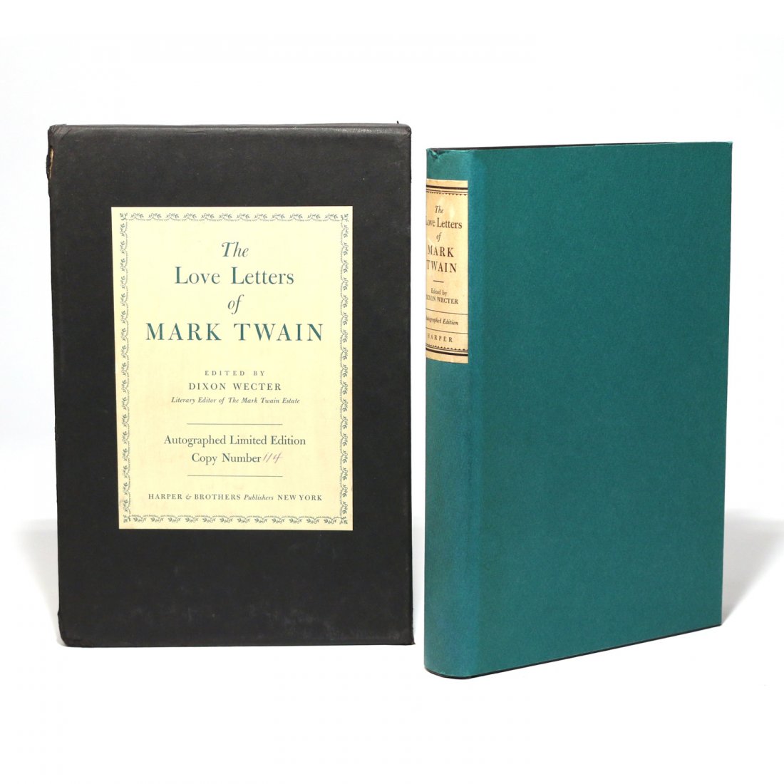 [SIGNED] CLEMENS, SAMUEL [MARK TWAIN] (1835-1910): "The Love Letters of Mark Twain", edited by Dixon Wecter, New York, 1949, first edition, no. 114 from the edition of 155 copies signed by Twain, signed "S. Clemens / Mark Twain", with green dust jacke