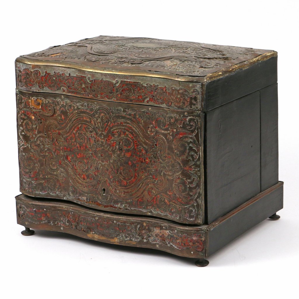LOUIS XIV STYLE BOULLE INLAID TANTALUS: Late 19th C., probably by Maison Vervelle, with cut crystal decanters and glasses; h. 11 w. 13-1/2 d. 10 in.