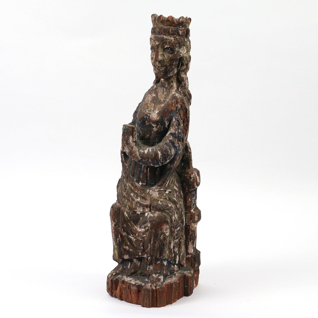 CONTINENTAL CARVED POLYCHROMED FIGURE: Probably 18th C., seated on a throne and clutching a book.; h. 18-1/2in.