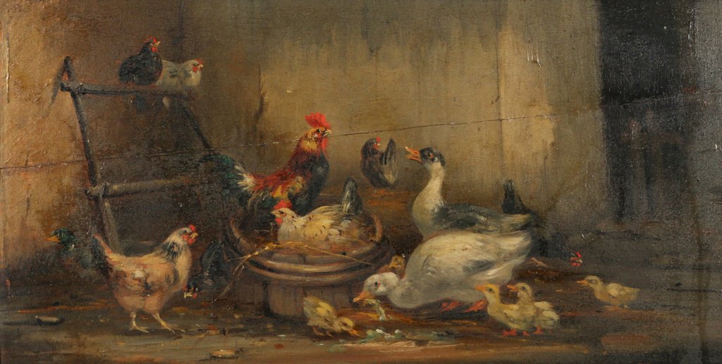 CONTINENTAL SCHOOL FARM SCENE: 19th Century, depicting chickens in the barnyard, oil on board, 8 x 16 in., no apparent signature