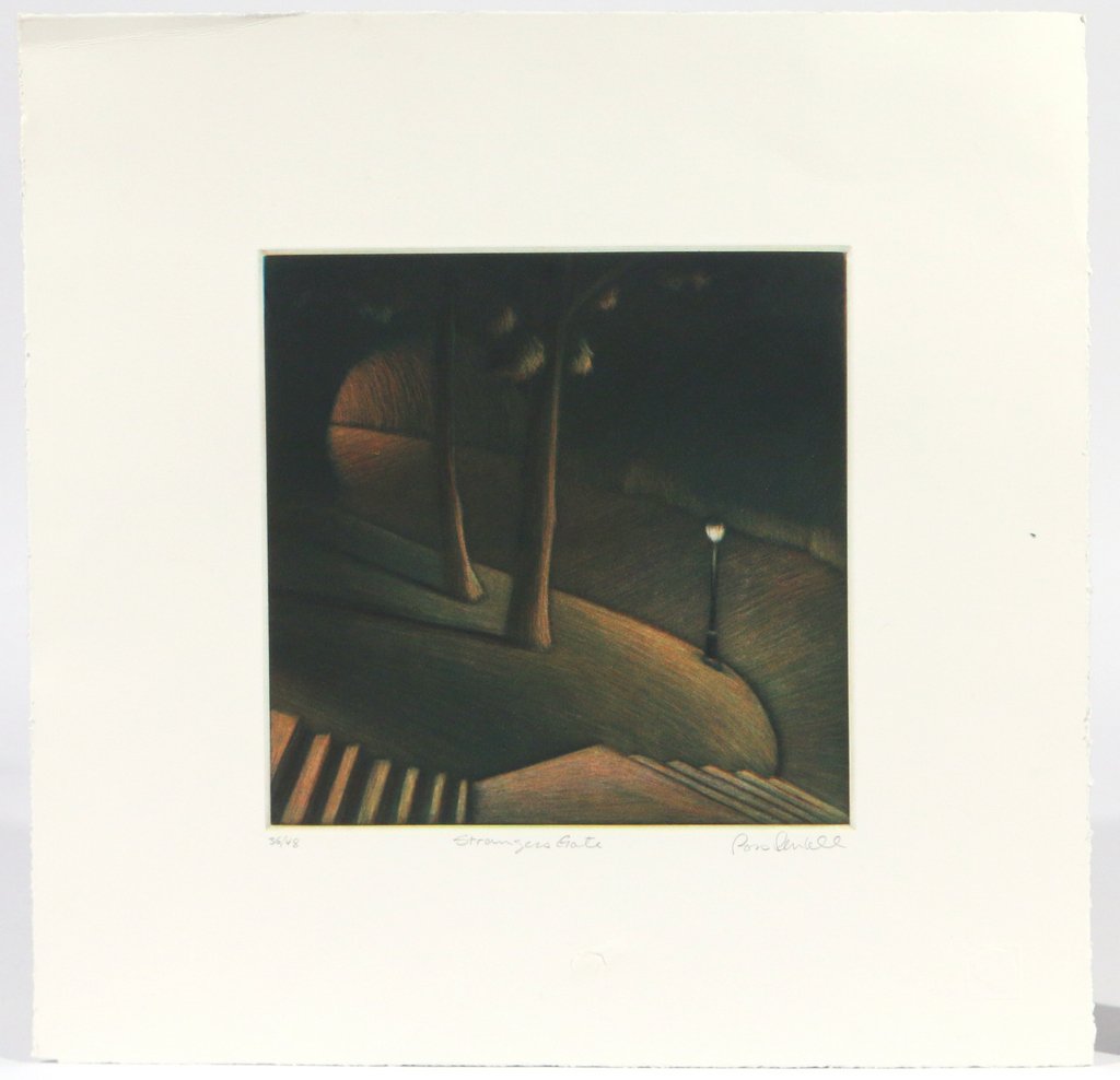 ROSS PENHALL (Canadian, 1959-): "Strangers Gate", color etching, 7-3/4 x 7-3/4 in. (subject), ed. 36/48, signed, numbered, and titled in pencil lower margin, sheet with leaf blind stamp, sheet size: 14-1/8 x 14-1/8 in.