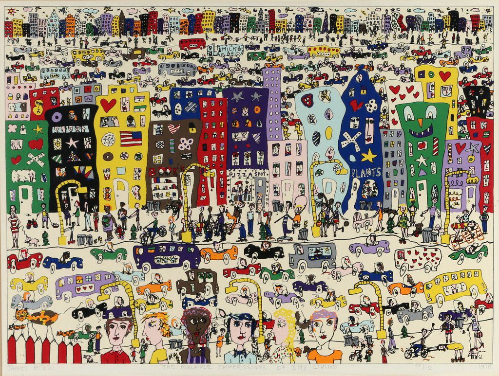 JAMES RIZZI (American, 1950-2011): "The Multiple Impressions of City Living", 1978, color screenprint, 27-1/4 x 20 in. (subject), ed. 88/150, signed, titled, numbered, and dated lower margin
