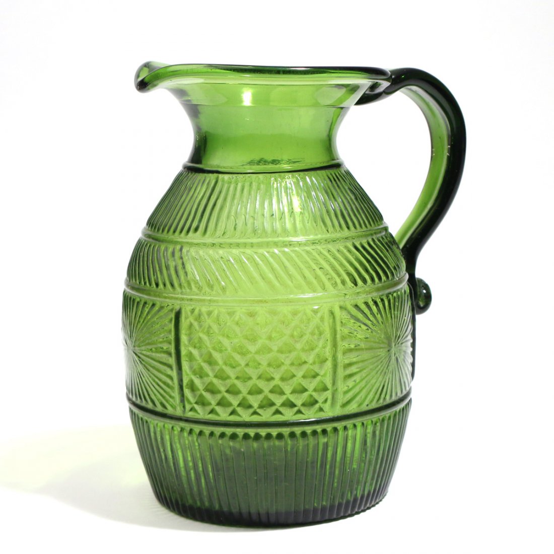 E.19THC. N.E. BLOWN OLIVE GREEN PITCHER: probably mass., c. 1815-1840, rayed botton with pontil mark, ribed handle, h. 6 7/8 in., w, overhandle & spout: 5 7/8 in., Prov. local Banksville, N.Y. estate, Ref. Glass in Early America ( A Winterth