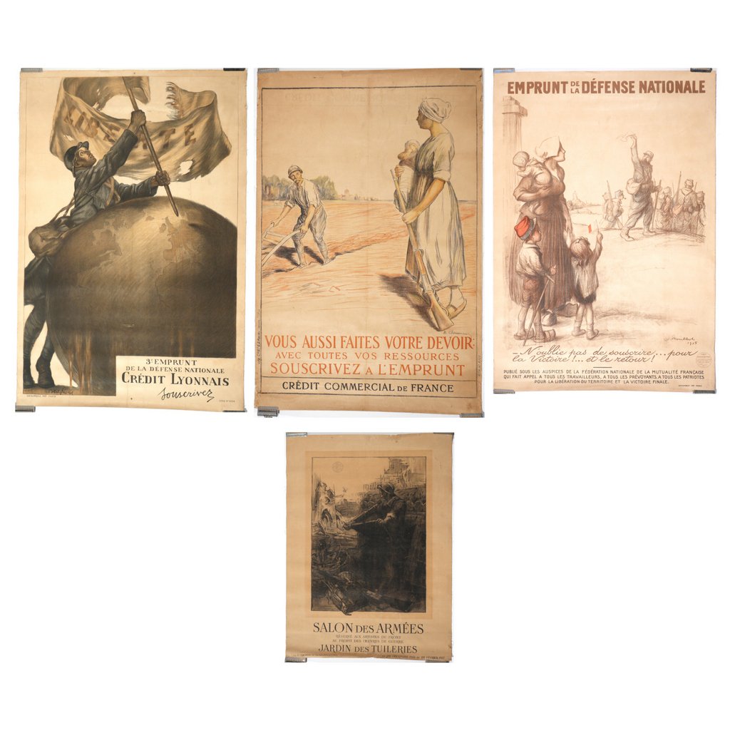 (4pc) FRENCH WWI POSTERS: including "Emprunt de la Defense Nationale... N'oublie pas de souscrire..." 44-1/2 x 30-3/4 in.; "Vous Aussi Faites Votre Devoir:..." by B. Chavannaz, 47 x 31-1/4 in.; "3e Emprunt de la Defense Nation