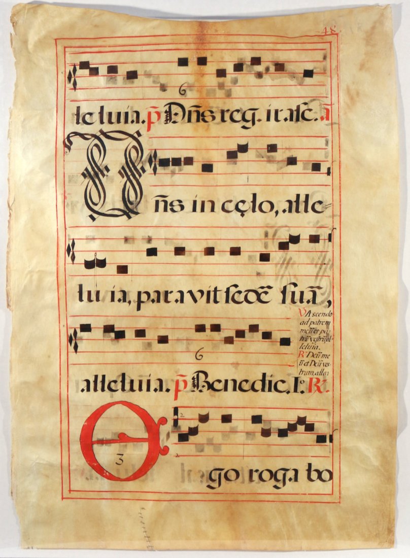 (2pc) EARLY ANTIPHON PAGES ON VELLUM: both appx. 29 x 21 in.