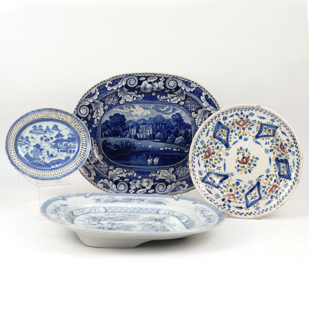 (4pc) MISC. PORCELAIN PLATTERS & TRAYS: including a Staffordshire historical blue platter of Wistow Hall, Riley, Leicestershire, 19 x 15-1/4 in.; a porcelain blue & white well-and-tree platter, 19-1/2 x 16 in.; a continental faience charger