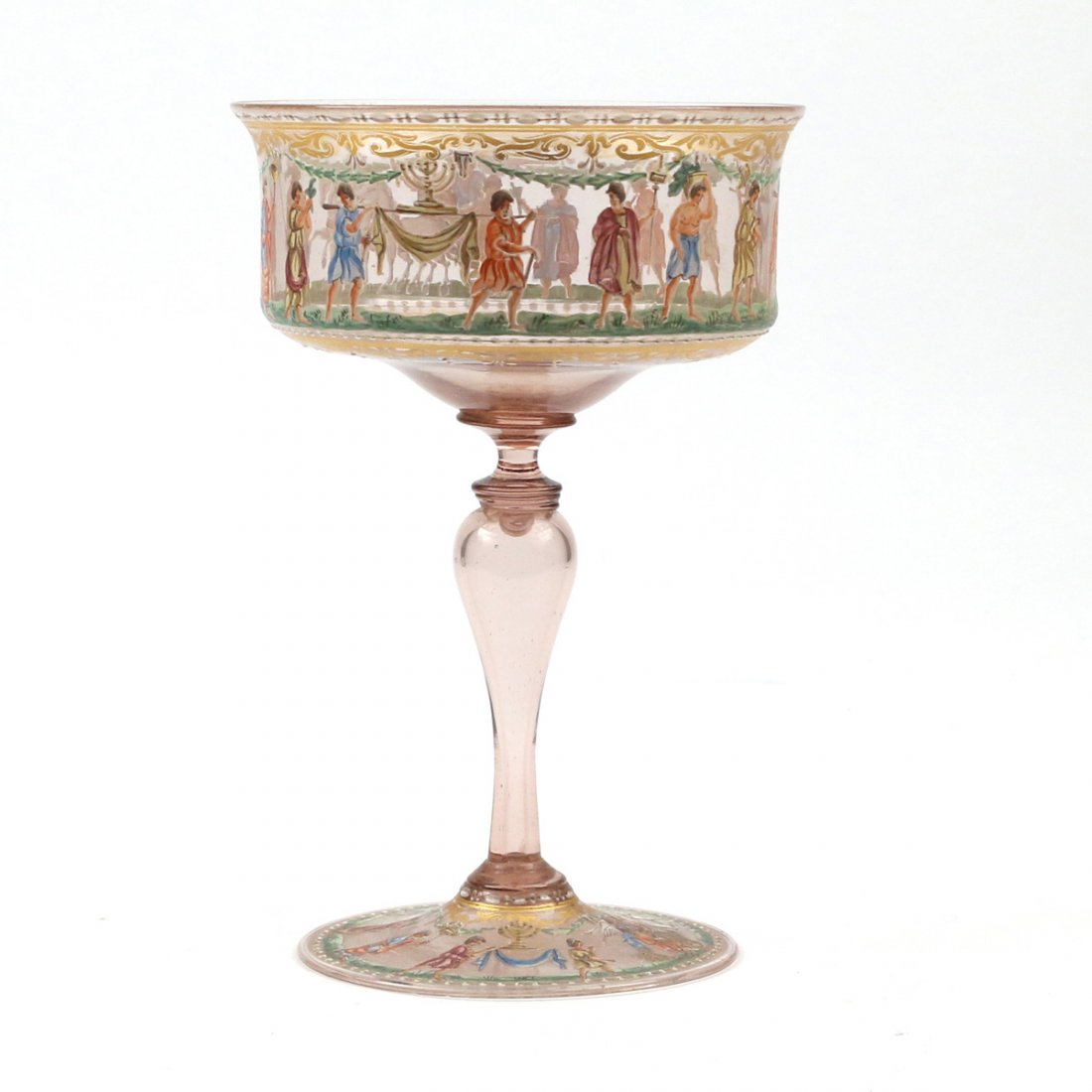 VENETIAN ENAMEL GLASS COMPOTE: showing classical figures engaged in various activities, h. 8-1/2 d. 5-1/2 in.