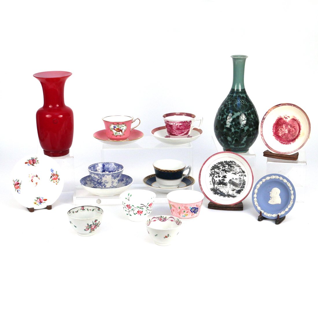(18pc) MISC. PORCELAIN & GLASS: including a contemporary Korean celadon vase by Ko Chung, signed, 10-1/2 in., a red Murano glass vase, 4 misc. antique English & Continental cups with matching saucers; 3 misc. lusterware saucers; two