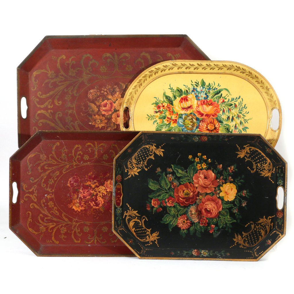 (4pc) MISC. TOLE TRAYS: 19th and 20th Centuries, all with painted floral bouquets, including a large red octagonal tray, with craquelure, 19 x 26-3/4 in.; a smaller similar octagonal red tray (with losses); a black octagonal