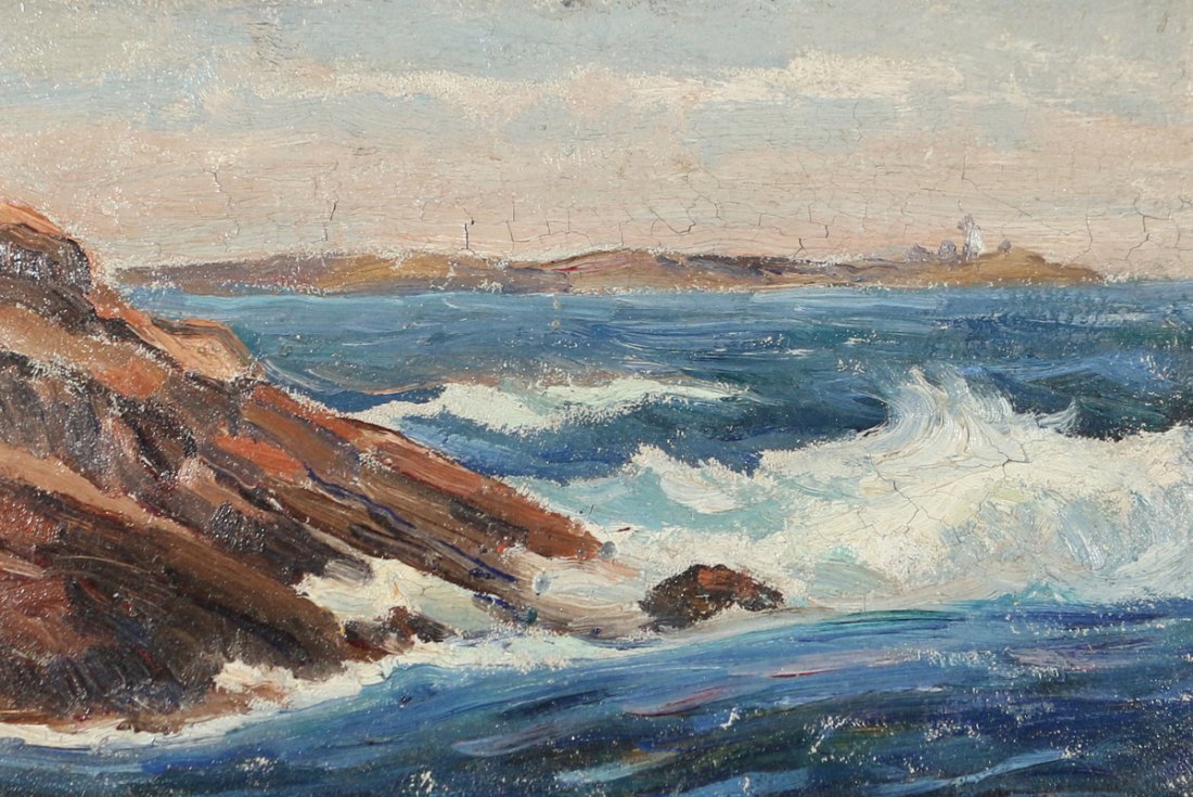 REYNOLDS BEAL (American, 1867-1951): "Montauk Breakers", C. 1906, oil on board, 6-1/2 x 9-1/2 in., Royal Galleries label on verso, Prov.: purchased by consignors late spouse at Royal Galleries