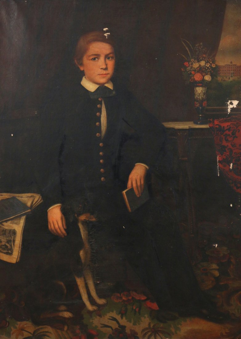 LAMBERT SACHS (American, 1818-1903): Portrait of a boy and his dog, 1863, oil on canvas, 38-3/4 x 52 in., signed and dated 'L. Sachs / 1863' to the right of the boy's knee, canvas prepared in Philadelphia (brand on verso), in a period fr