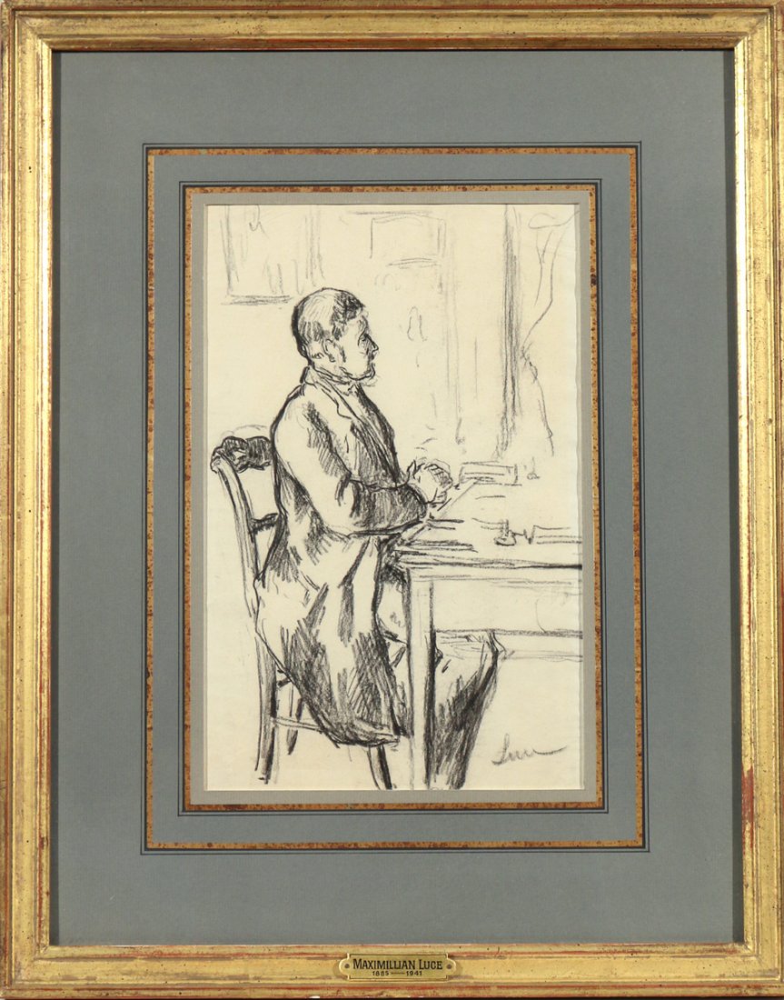 MAXIMILIEN LUCE (French, 1858-1941): Man seated at a table, charcoal on paper, 10-1/2 x 6-3/4 in. (sight), signed lower right, framed with French matting