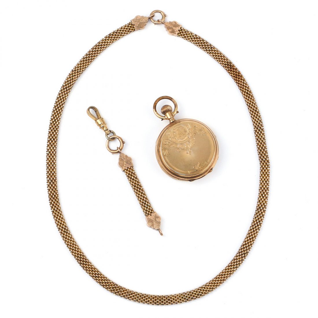(3pc) ENGRAVED POCKETWATCH AND CHAINS (1 of 5)
