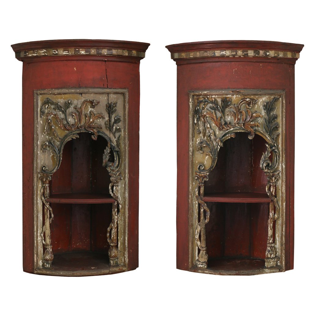PAIR NORTH ITALIAN HANGING WALL CABINETS: 19th Century or earlier, carved and polychromed on a red ground, h. 31-1/2 w. 16 in.