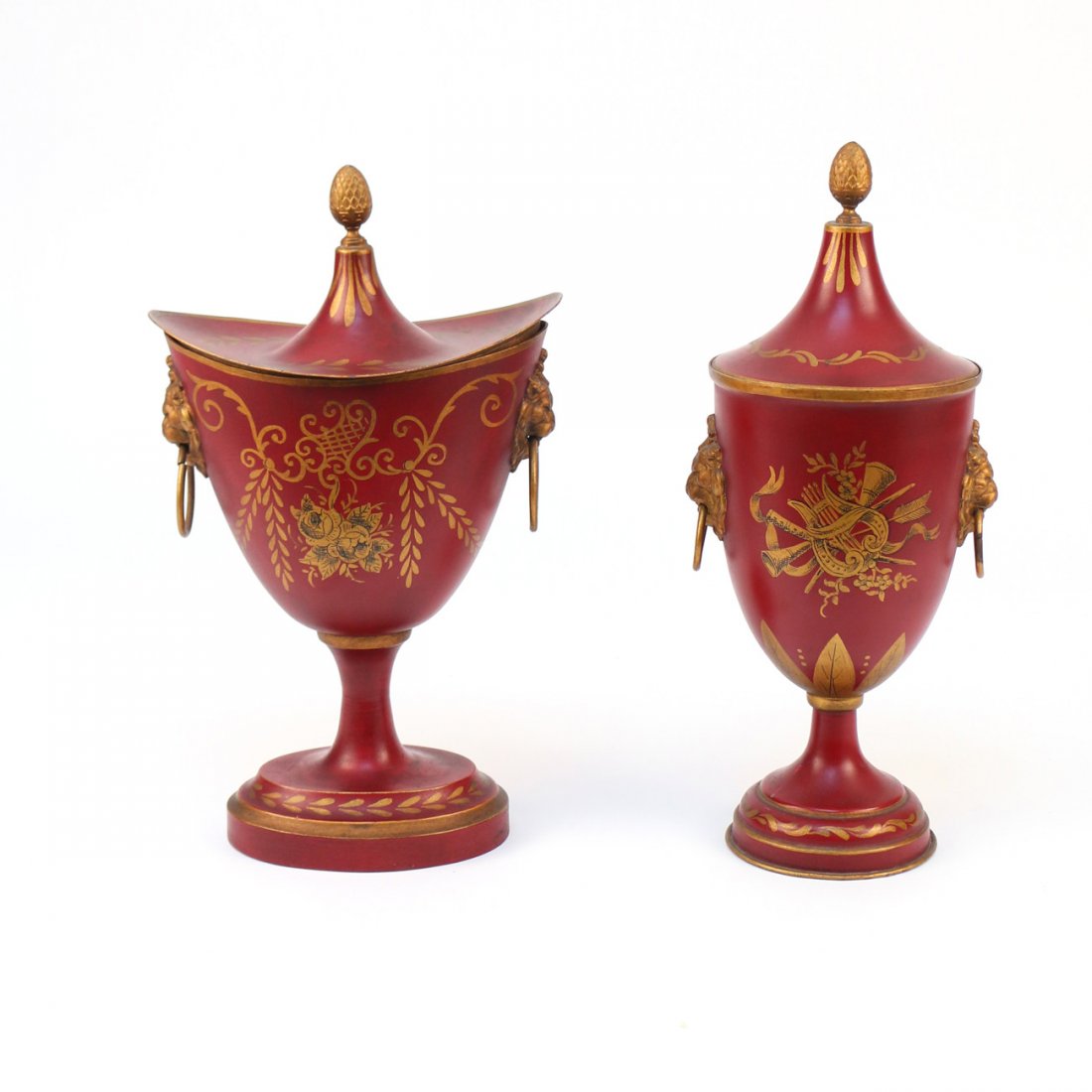 (2pc) FRENCH RED TOLE PEINTE CHESTNUT URNS (1 of 4)
