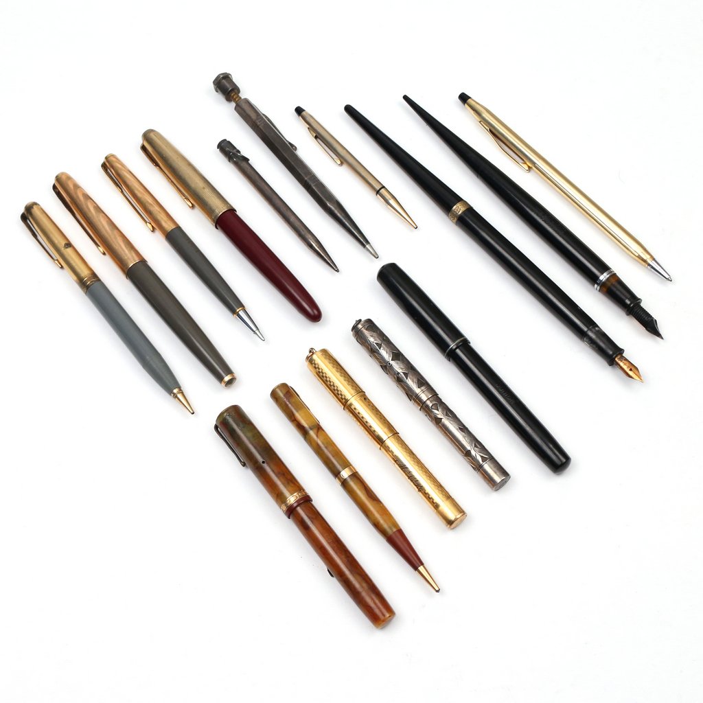 (15pc) WATERMAN'S & OTHER PENS & PENCILS: including a Waterman's Ideal No. 0552 1/2V gold-filled pendant pen; a Waterman's Ideal no. 452 1/2V sterling overlay pendant pen with 14k nib; a black Waterman's fountain pen with 14k nib; a Waterman'