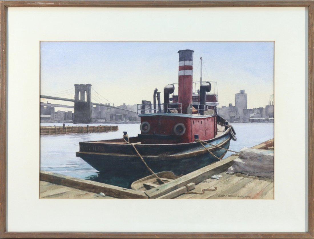 ELIOT P. BATCHELDER A.W.S. (1901-2003): “Tug Matilda”, South Street Seaport watercolor on paper; sight 14-1/4 x 21-1/2 in., signed lower right, having three artists labels on verso