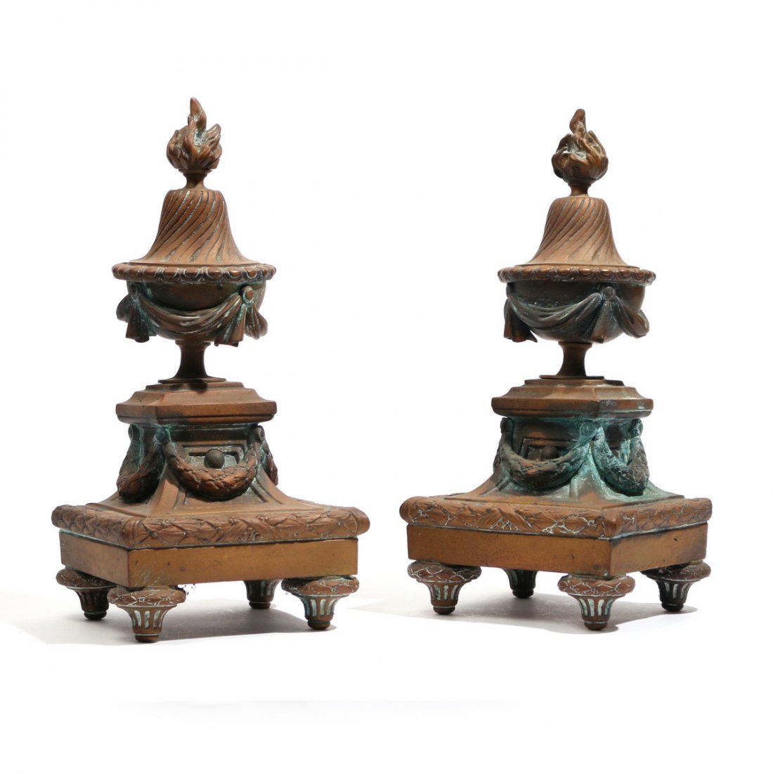 PAIR FRENCH ORMOLU CHENETS: late 19th/early 20th Century, with torch finials, h. 14 in.