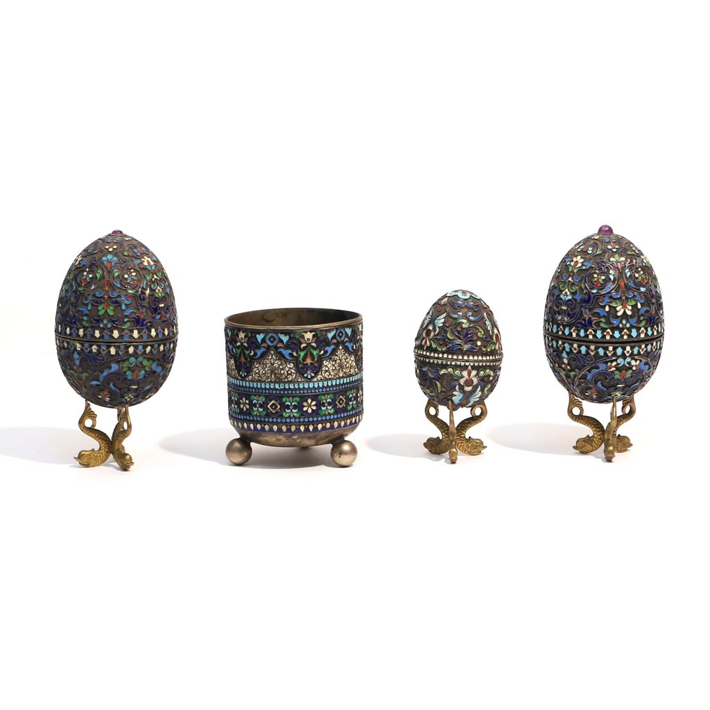 (4pc) RUSSIAN ENAMELED '84' SILVER EGGS & CUP (1 of 10)