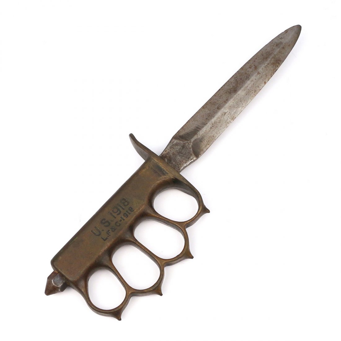 US GOVERNMENT ISSUE TRENCH KNIFE: double-sided 6 in. blade with pointed knuckle handle, hande marked "U.S.1918 F.F&C - 1918"; overall length 11 in., Provenance: Estate of the Late Prof. Claude V. Greco, Bronx, N.Y.