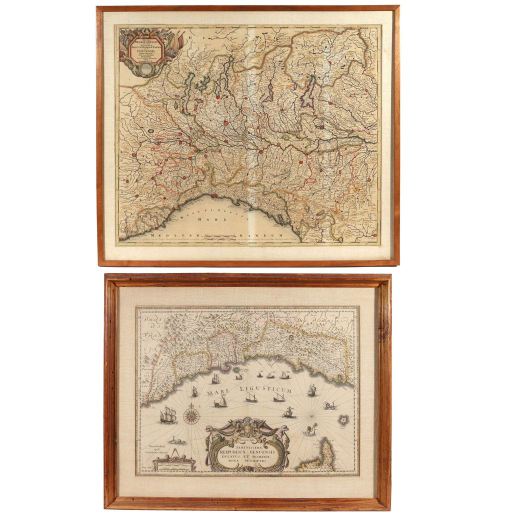(2pc) HAND-COLORED ENGRAVED MAPS OF ITALY: including 'Genovesato Serenissimae Reipublicae Genuensis Ducatus et Dominii Nova Descriptio', by Willem Blaeu, Amsterdam, 1634 or later; and 'Status Mediolanensis nec non Ducatum Mantuae, Modenae, Par