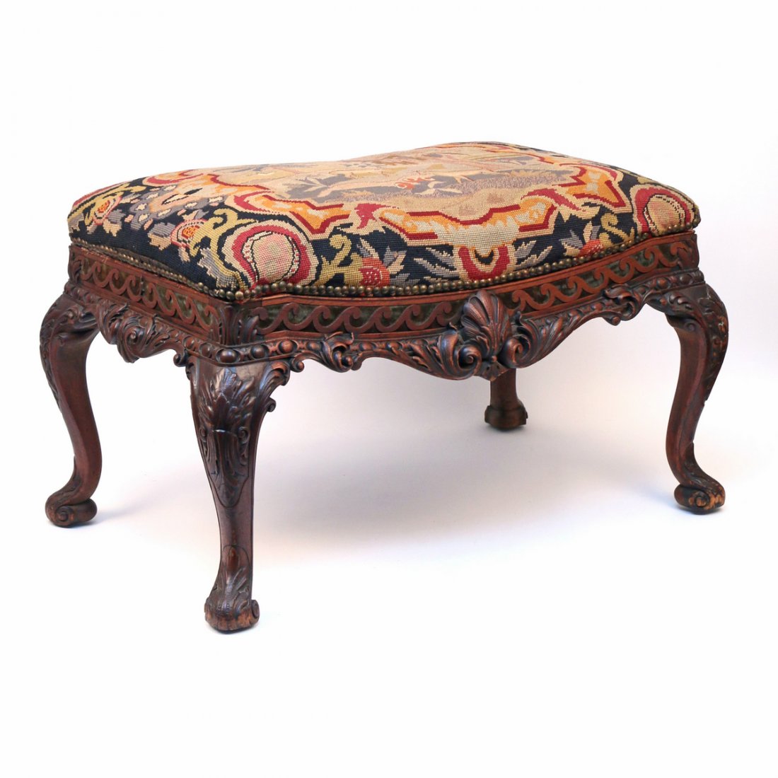 FINE CHIPPENDALE-STYLE CARVED NEEDLEPOINT STOOL (1 of 10)