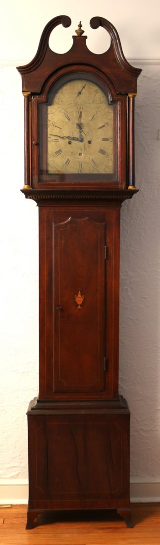 SCOTTISH INLAID MAHOGANY TALL CASE CLOCK (1 of 8)