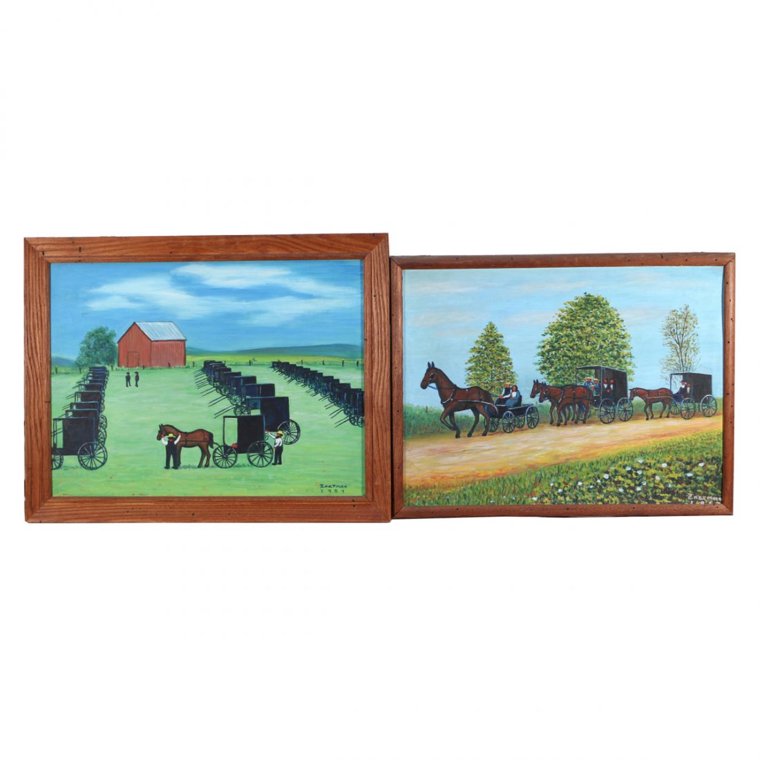 (2pc) ZARTMAN AMISH PRIMITIVE PAINTINGS: oil on studio artist panels, depicting farmers, horses and buggies, both 18 x 24in; dated 1954/ 1962