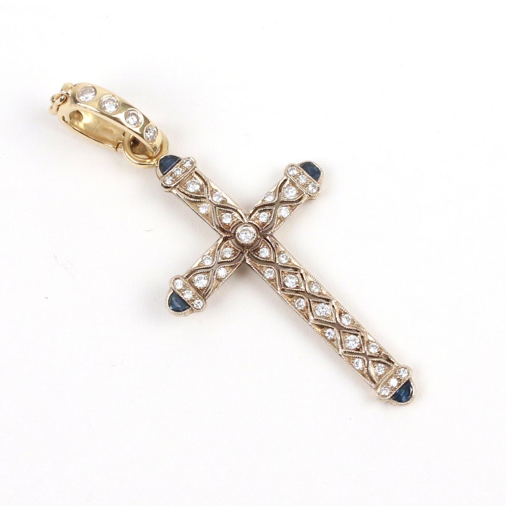 GOLD, DIAMOND & SAPPHIRE CROSS PENDANT (1 of 2)