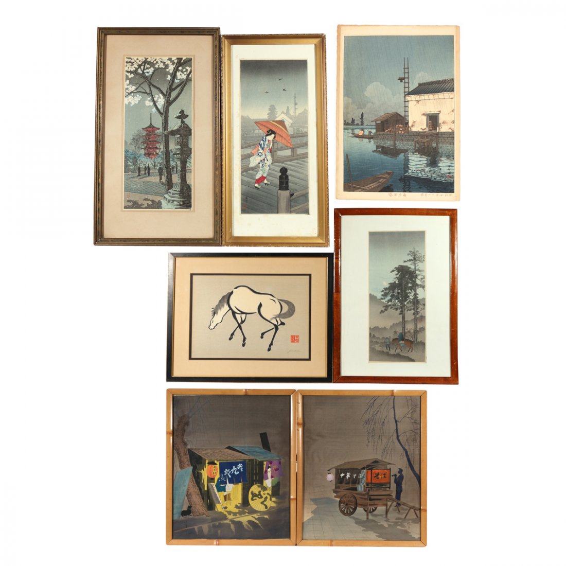 (7pc) JAPANESE WOODBLOCK PRINTS: Including 'Rain at Ushibori' by Kawase Hasui (1883-1957), 16-5/8 x 11-3/4 in. (sheet); a print of a geisha in the rain by Hiroaki Takahashi a.k.a. Shotei (1871-1945),15 x 6-5/8 in. (sheet); a print of