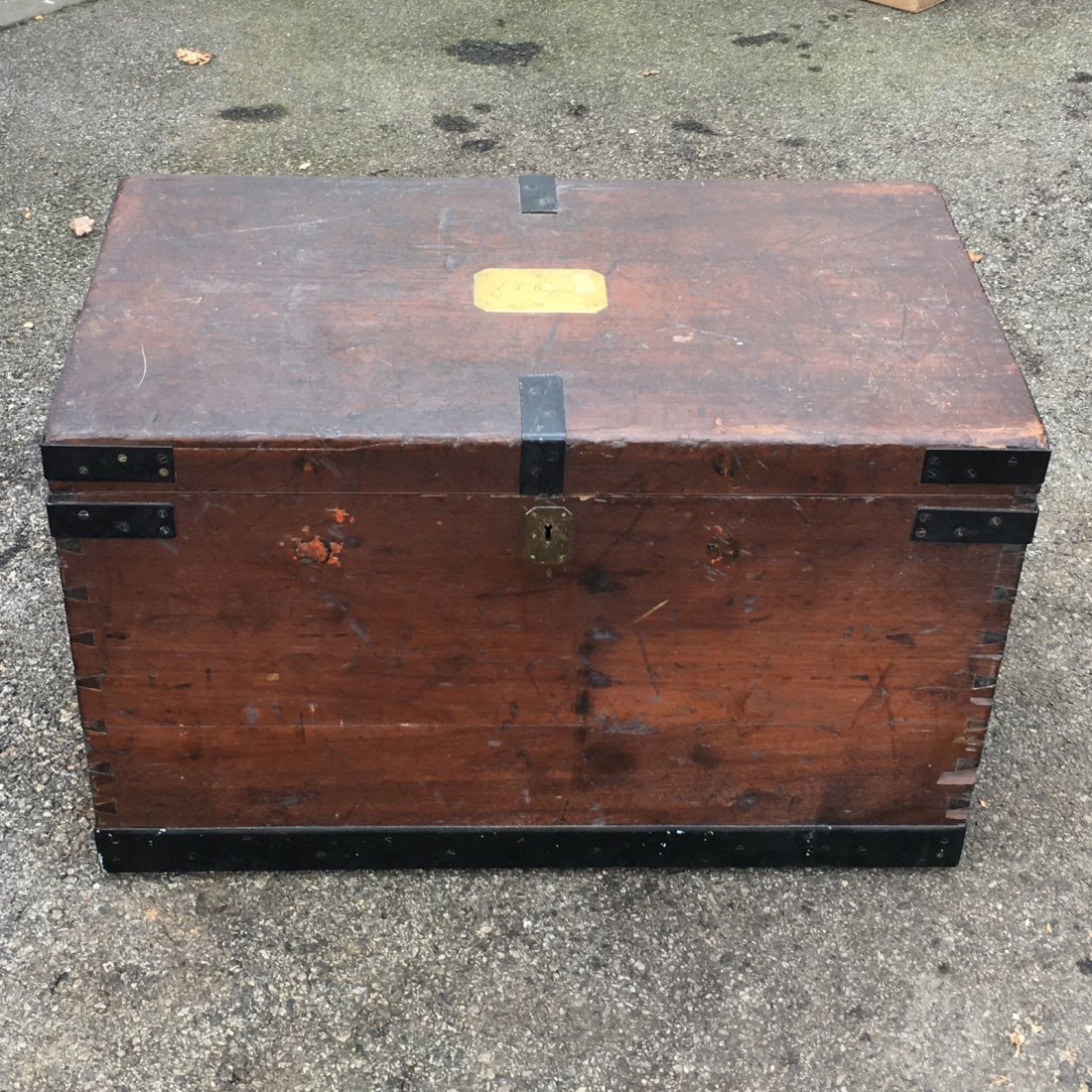 FITTED CAMPHORWOOD SILVER TRUNK: Late 19th C. having a brass nameplate, iron corners and mountings, key not present, broken lock; h. 23 x w. 36 x d. 20 in.
