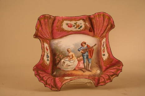 ENAMELED DISH W/FLUTED EDGES W/DMG. ALONG EDGES,: ENAMELED DISH W/FLUTED EDGES W/DMG. ALONG EDGES, NOT SGD., 5 1/2" X 5 1/2";
