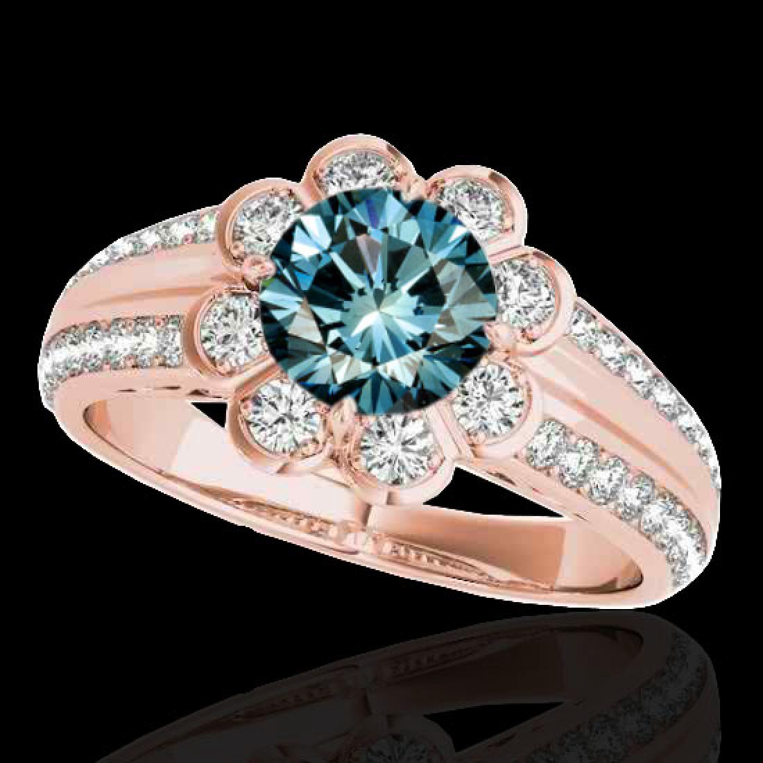 1.5 CTW Si Certified Fancy Blue Diamond Solitaire Halo: 34474 - REF-171N6A ---- 1.5 CTW Si Certified Fancy Blue Diamond Solitaire Halo Ring Gold ---- Luxury Designer Brand Ring Appraised at $10,400 Certificate Number US34474 10k Rose gold, Ring Size is 7, 