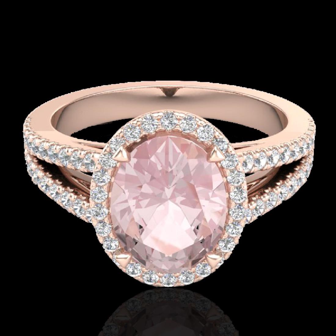 3 CTW Morganite & Micro VS/SI Diamond Halo Solitaire: 20943 - REF-76F4M ---- 3 CTW Morganite & Micro VS/SI Diamond Halo Solitaire Ring 14K Gold ---- Luxury Designer Brand Ring Appraised at $5,050 Certificate Number US20943 14k Rose gold, Ring Size is 7, 