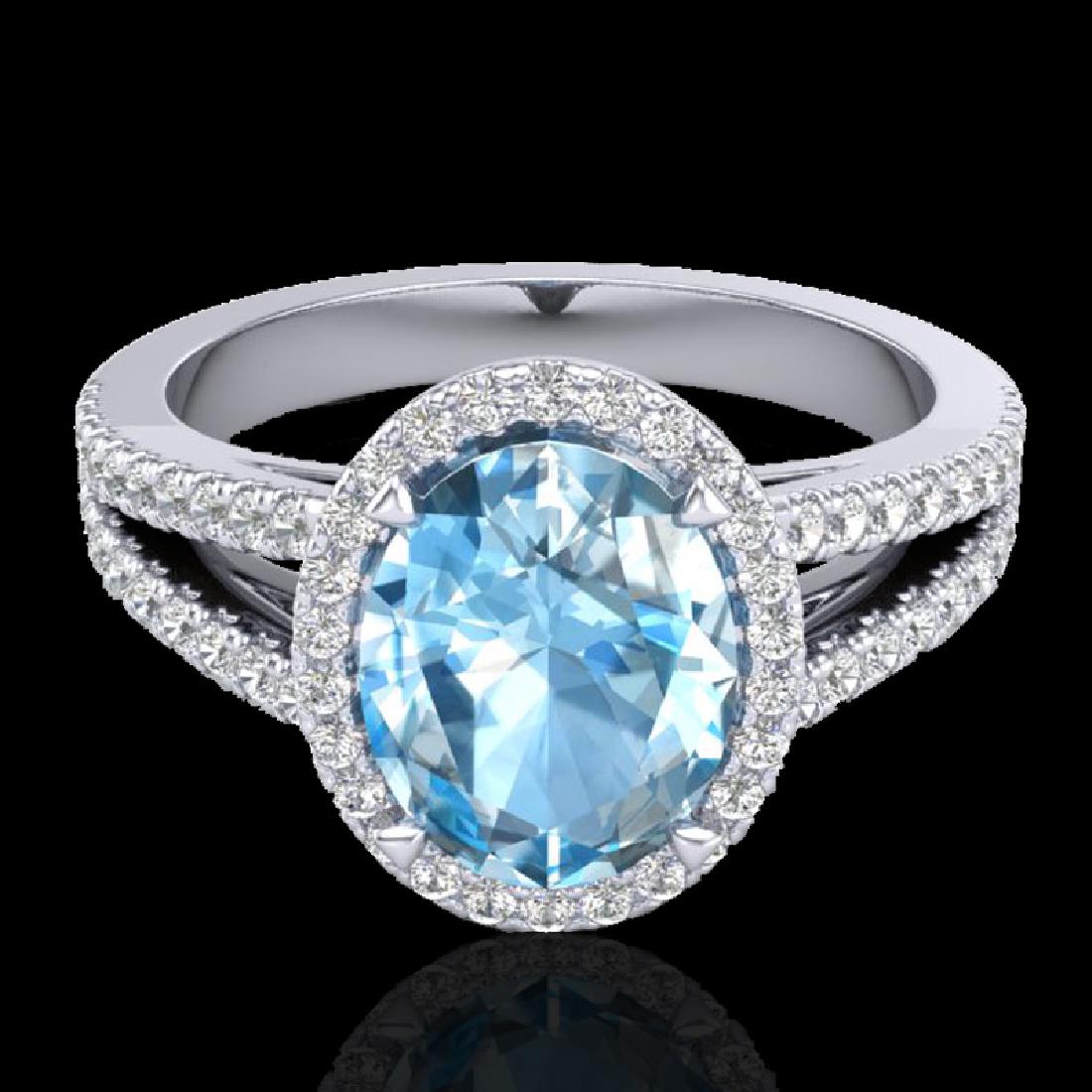 3 Sky Blue Topaz & Micro VS/SI Diamond Halo Solitaire: 20933 - REF-69N3A ---- 3 Sky Blue Topaz & Micro VS/SI Diamond Halo Solitaire Ring 18K Gold ---- Luxury Designer Brand Ring Appraised at $5,300 Certificate Number US20933 18k White gold, Ring Size is 7