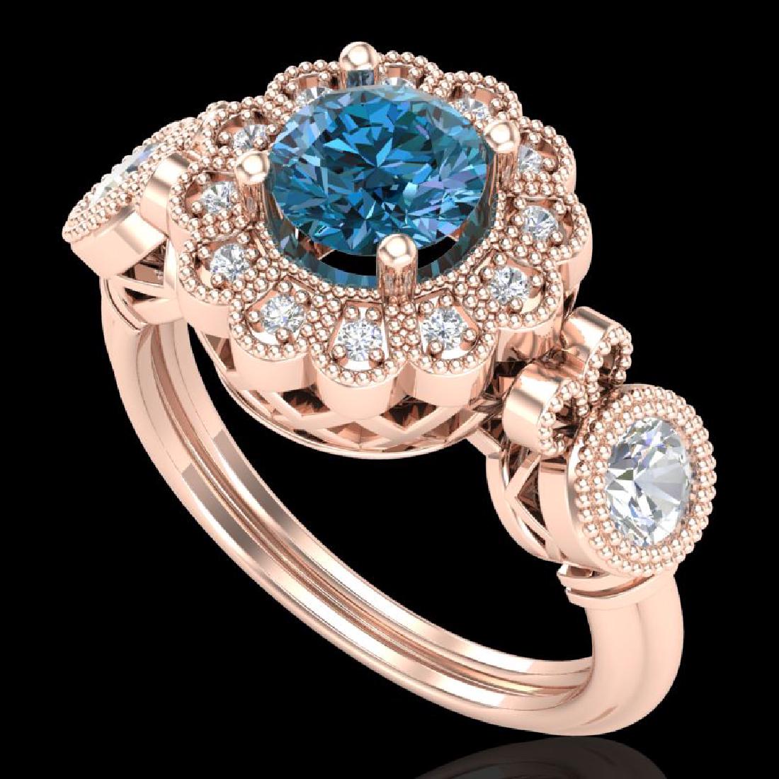 1.5 CTW Intense Blue Diamond Solitaire Art Deco 3 Stone: 37853 - REF-218A2N ---- 1.5 CTW Intense Blue Diamond Solitaire Art Deco 3 Stone Ring 18K Gold ---- Luxury Designer Brand 3 stone ring Appraised at $14,400 Certificate Number US37853 18k Rose gold, 3 s