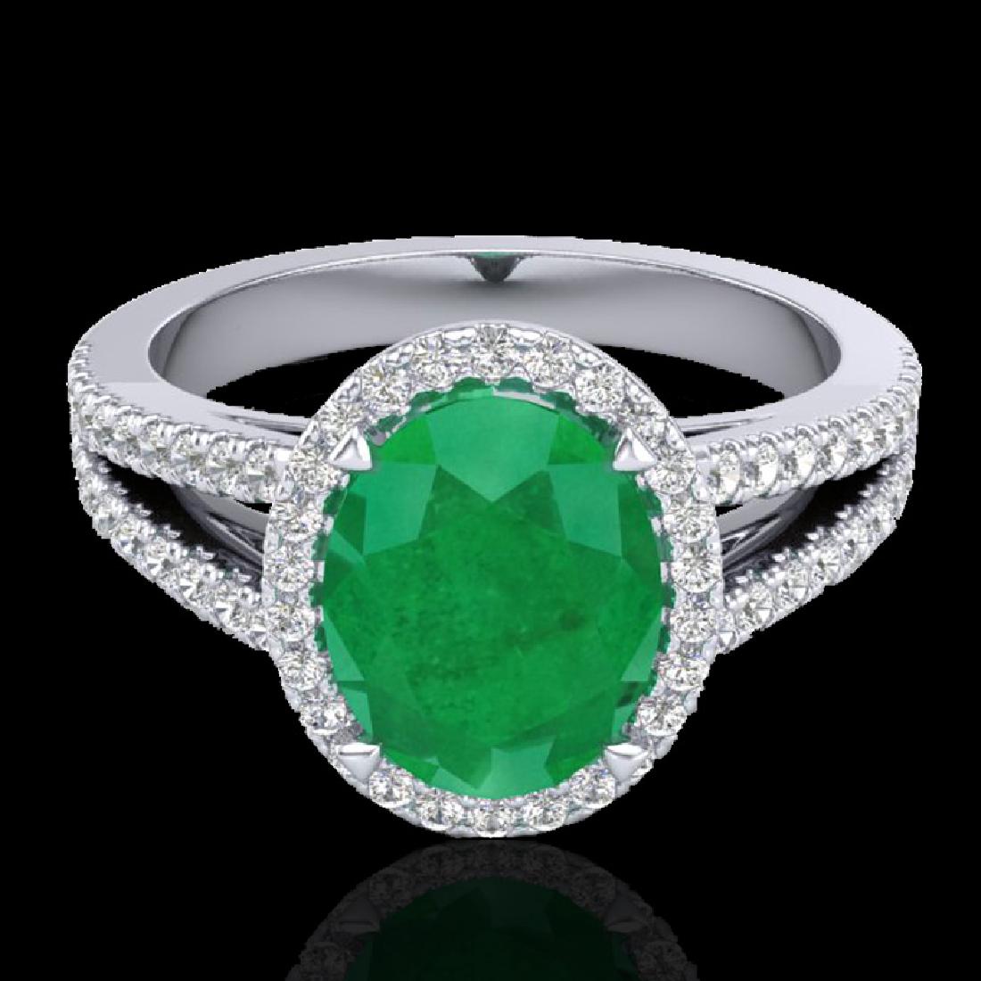 3 CTW Emerald & Micro VS/SI Diamond Halo Solitaire Ring: 20938 - REF-78X2Y ---- 3 CTW Emerald & Micro VS/SI Diamond Halo Solitaire Ring 18K Gold ---- Luxury Designer Brand Ring Appraised at $5,150 Certificate Number US20938 18k White gold, Ring Size is 7, R