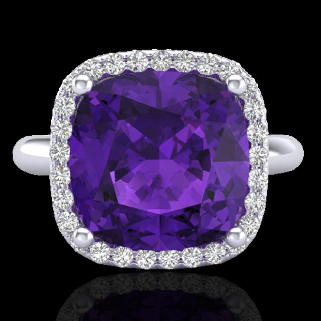 6 CTW Amethyst & Micro Pave Halo VS/SI Diamond Ring: 23091 - REF-56W7H ---- 6 CTW Amethyst & Micro Pave Halo VS/SI Diamond Ring Solitaire 18K Gold ---- Luxury Designer Brand Ring Appraised at $4,050 Certificate Number US23091 18k White gold, Ring Size i