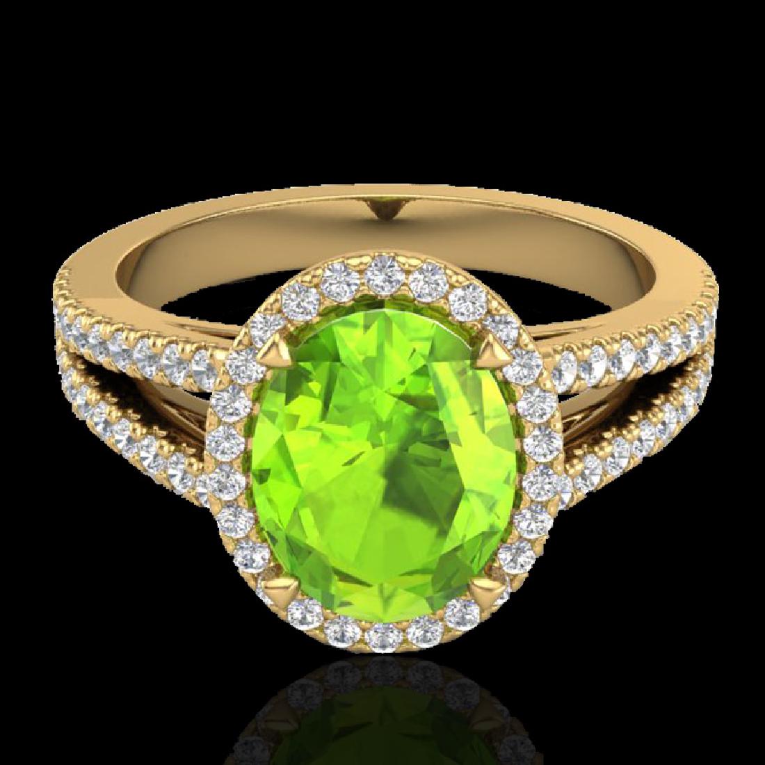 3 CTW Peridot & Micro VS/SI Diamond Halo Solitaire Ring: 20946 - REF-72T2X ---- 3 CTW Peridot & Micro VS/SI Diamond Halo Solitaire Ring 18K Yellow Gold ---- Luxury Designer Brand Ring Appraised Retail Price at $5,150 ---- SKU Number US20946 18k Yellow gold 