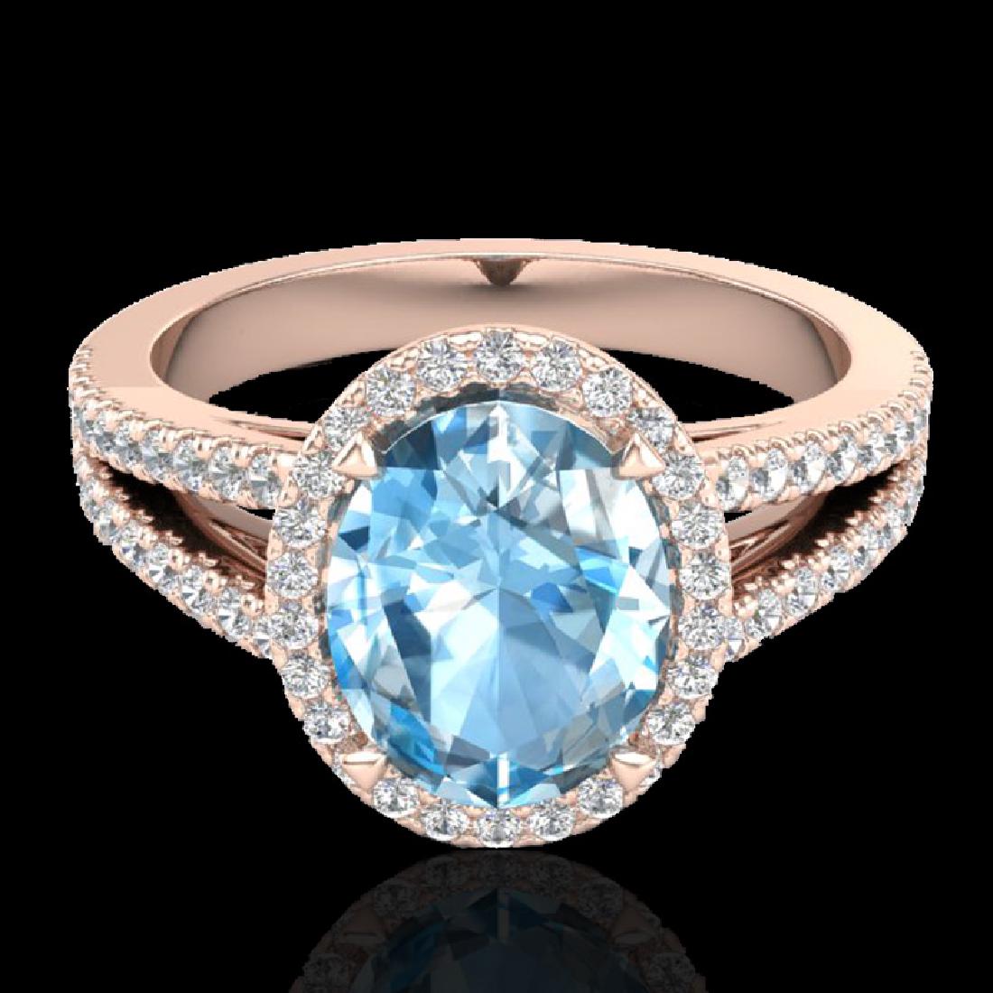 3 Sky Blue Topaz & Micro VS/SI Diamond Halo Solitaire: 20932 - REF-57H6W ---- 3 Sky Blue Topaz & Micro VS/SI Diamond Halo Solitaire Ring 14K Rose Gold ---- Luxury Designer Brand Ring Appraised Retail Price at $4,100 ---- SKU Number US20932 14k Rose gold R