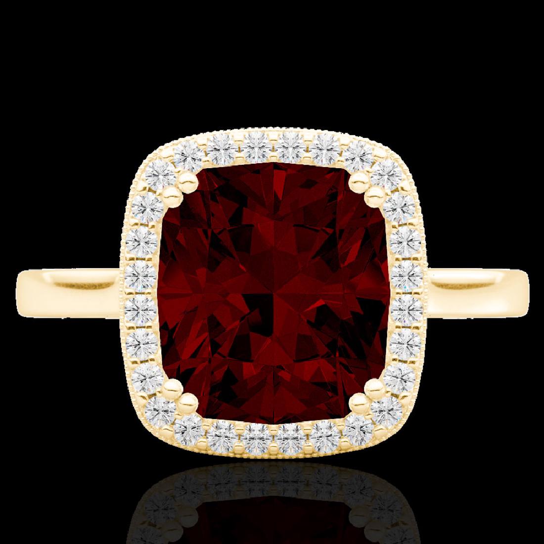 3 CTW Garnet & Micro Pave VS/SI Diamond Certified Halo: 22845 - REF-48W5H ---- 3 CTW Garnet & Micro Pave VS/SI Diamond Certified Halo Ring 18K Yellow Gold ---- Luxury Designer Brand Ring Appraised Retail Price at $3,200 ---- SKU Number US22845 18k Yellow g