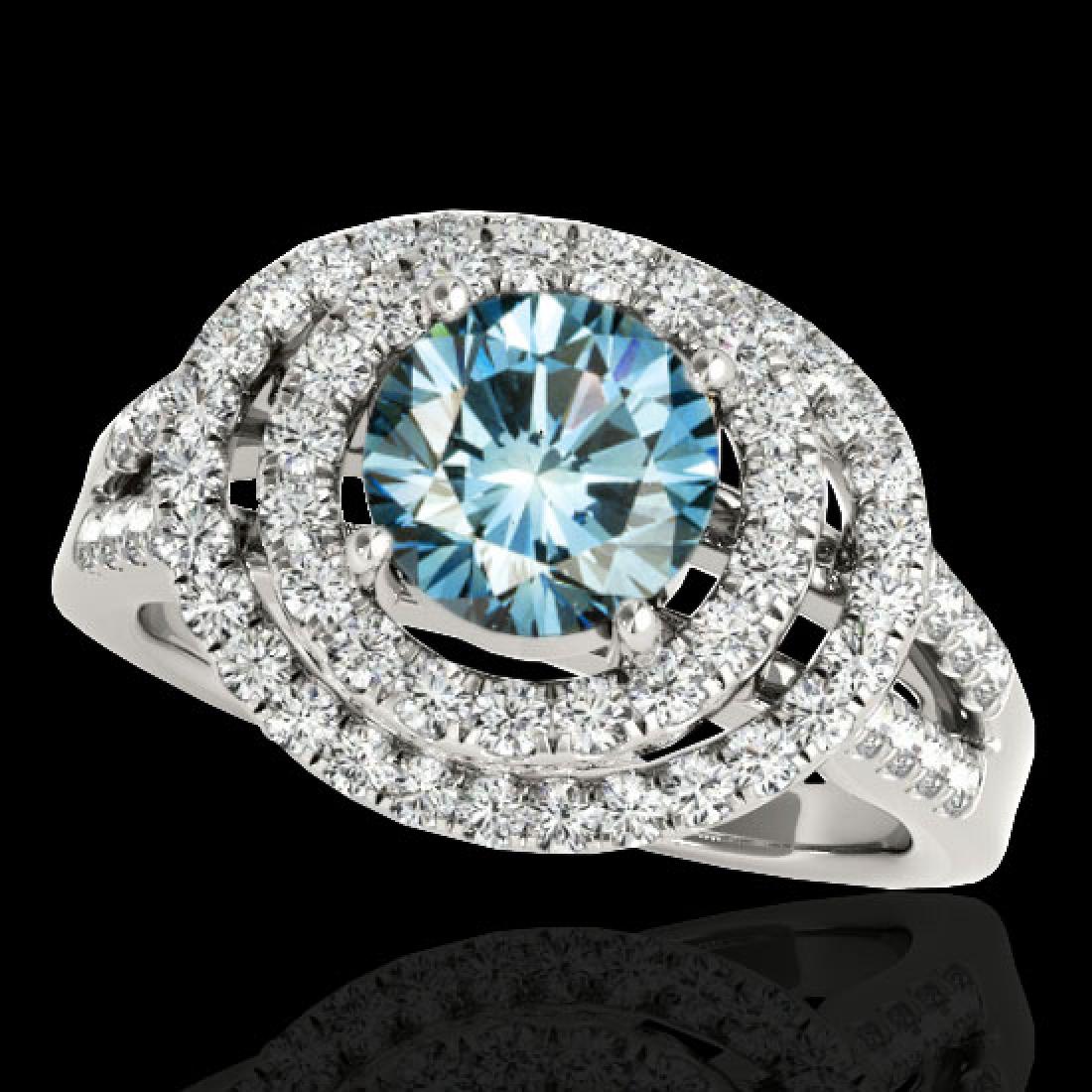 1.75 CTW SI Certified Fancy Blue Diamond Solitaire Halo: 34288 - REF-200N2Y ---- 1.75 CTW SI Certified Fancy Blue Diamond Solitaire Halo Ring 10K White Gold ---- Luxury Designer Brand Ring Appraised Retail Price at $12,100 ---- SKU Number US34288 10k White 