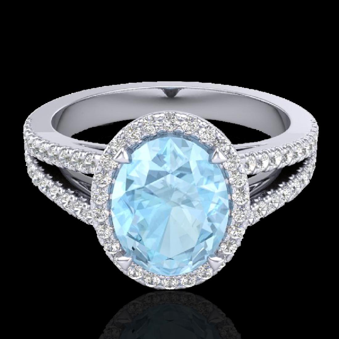 3 CTW Aquamarine & Micro VS/SI Diamond Halo Solitaire: 20930 - REF-85T5X ---- 3 CTW Aquamarine & Micro VS/SI Diamond Halo Solitaire Ring 18K White Gold ---- Luxury Designer Brand Ring Appraised Retail Price at $6,100 ---- SKU Number US20930 18k White gold