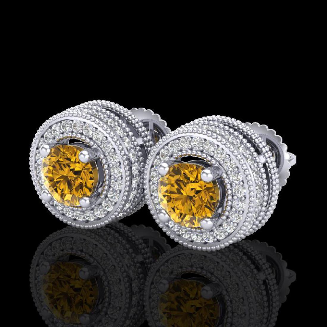 2.09 CTW Intense Fancy Yellow Diamond Art Deco Stud: 38015 - REF-218Y2X ---- 2.09 CTW Intense Fancy Yellow Diamond Art Deco Stud Earrings 18K White Gold ---- Luxury Designer Brand Earring Appraised at $14,400 Certificate Number US38015 18k White gold, E