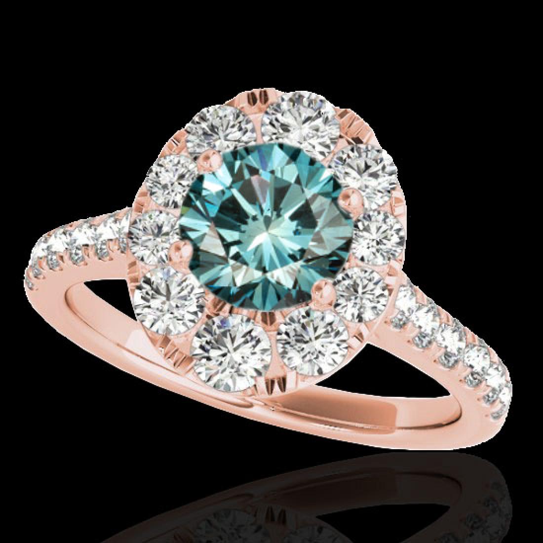 2 CTW SI Certified Blue Diamond Solitaire Halo Ring 10K: 34084 - REF-210H9M ---- 2 CTW SI Certified Blue Diamond Solitaire Halo Ring 10K Rose Gold ---- Luxury Designer Brand Ring Appraised at $13,900 Certificate Number US34084 10k Rose gold, Ring Size is 7,