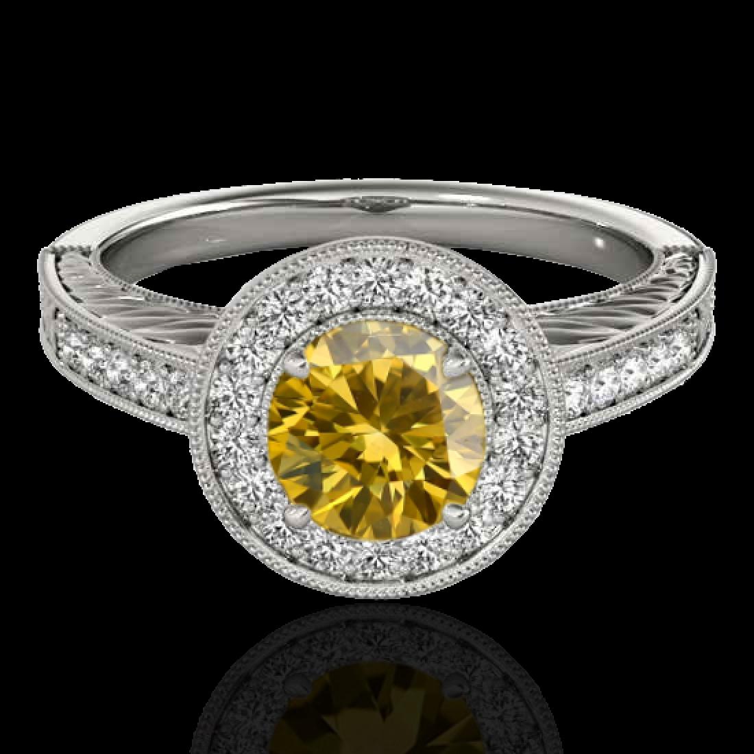 1.50 CTW Certified SI/I Fancy Intense Yellow Diamond: 33749 - REF-200W2H ---- 1.50 CTW Certified SI/I Fancy Intense Yellow Diamond Solitaire Halo Ring 10K White Gold ---- Luxury Designer Brand Ring Appraised at $13,200 Certificate Number US33749 10k Whit