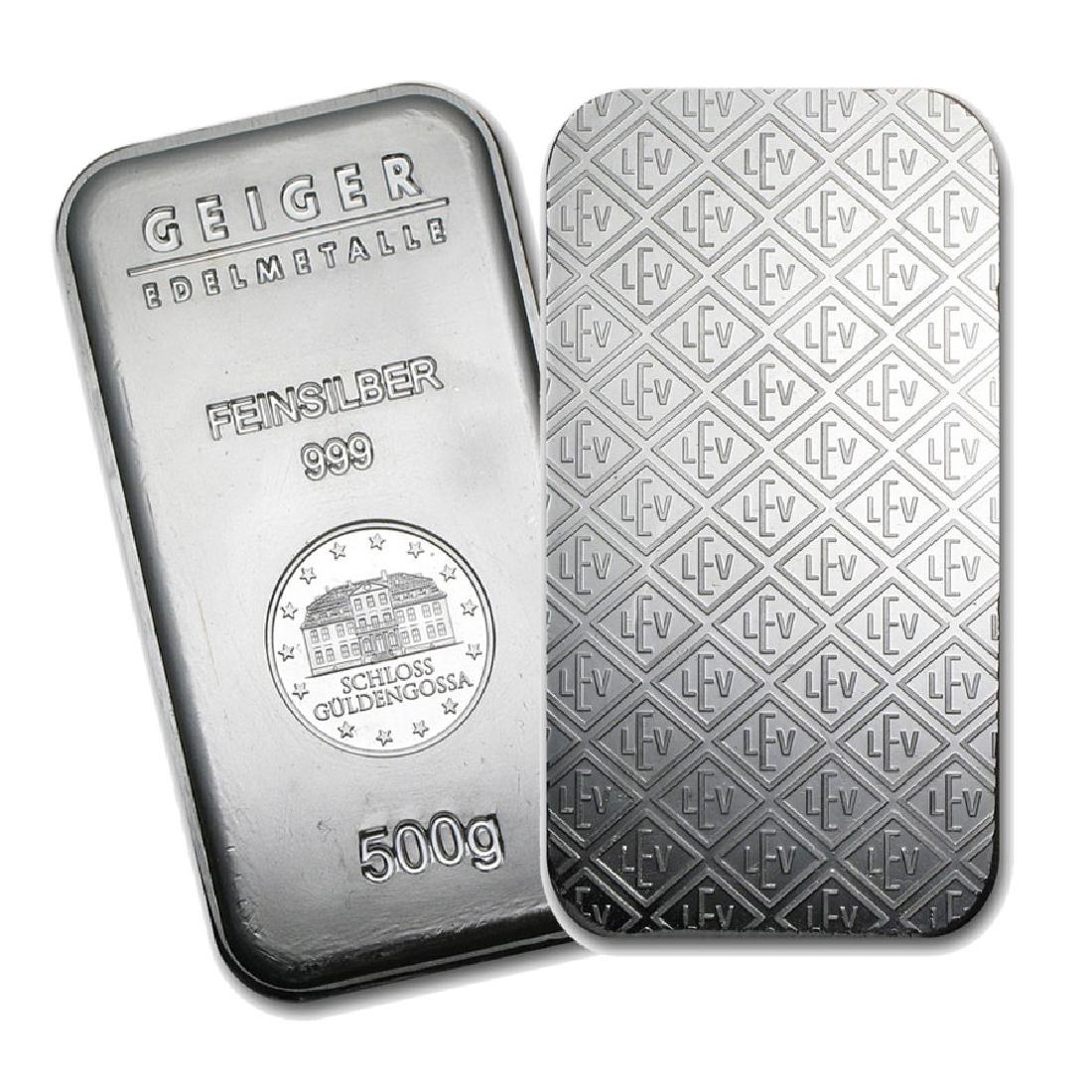 One piece 500 gram 0.999 Fine Silver Bar Geiger: SKU: 74693 ---- One piece 500 gram 0.999 Fine Silver Bar Geiger Security Line Series - REF#74693